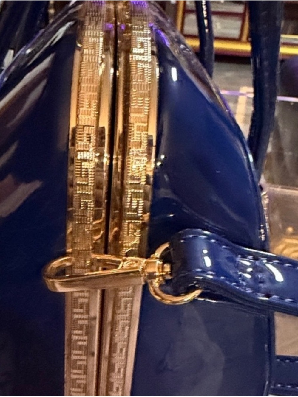 Glossy Blue Patent Tote with Gold Accent Hardware#0017